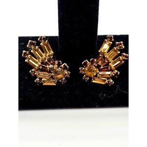 VTG Sherman Signed Amber Yellow and Brown Clip Earrings 1 inch huggies floral